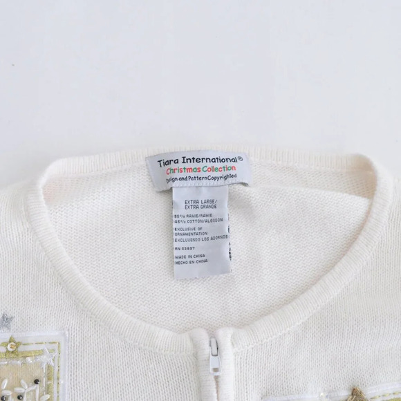 Vintage  Tiara Cream Ugly Christmas Beaded Reindeer Zip Up Cardigan Sweater XL - Picture 13 of 16